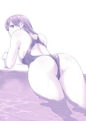 Rule 34 | 1girl, absurdres, ass, competition swimsuit, from behind, highleg, highleg swimsuit, highres, long hair, looking back, macosee, monochrome, one-piece swimsuit, original, partially submerged, puckered lips, purple theme, solo, swimsuit, water