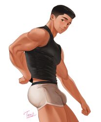 Rule 34 | 1boy, ass, bara, black hair, black tank top, brown eyes, bulge, clenched hand, closed mouth, clothes lift, covered erect nipples, cowboy shot, dark-skinned male, dark skin, highres, lifted by self, looking at viewer, male focus, male underwear, muscular, muscular male, original, pectorals, shirt lift, short hair, simple background, smile, solo, tank top, tenji (tenji 89), underwear, veins, white background, white male underwear