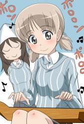 Rule 34 | 2girls, aki (girls und panzer), blonde hair, blue shirt, blush, breasts, brown hair, closed eyes, collared shirt, girls und panzer, grey eyes, grey skirt, hair ornament, hat, highres, instrument, kantele, keizoku school uniform, legs together, long hair, mika (girls und panzer), motion blur, motion lines, multiple girls, music, playing instrument, pleated skirt, school uniform, shirt, short hair, short twintails, sitting, skirt, small breasts, smile, striped clothes, striped shirt, sweatdrop, twintails, vertical stripes, wakku kan, white shirt