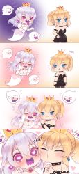 Rule 34 | 2girls, 4koma, blonde hair, blush, boo (mario), bowsette, breasts, caught, cleavage, comic, crown, crying, dress, earrings, embarrassed, english text, closed eyes, fang, ghost, ghost tail, heart, heart-shaped pupils, highres, holding hands, horns, jewelry, kiss, kissing cheek, luigi&#039;s mansion, mario (series), multiple girls, new super mario bros. u deluxe, nintendo, one eye closed, open mouth, personification, pointy ears, ponytail, princess king boo, purple eyes, sad, sharp teeth, super crown, surprised, symbol-shaped pupils, teeth, text focus, tongue, tongue out, wavy mouth, white hair, wide-eyed