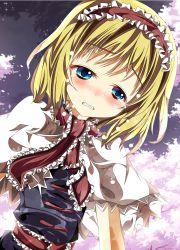 Rule 34 | 1girl, alice margatroid, bad id, bad pixiv id, blonde hair, blue eyes, blush, capelet, cherry blossoms, crying, hairband, hikobae, short hair, solo, touhou, wavy mouth