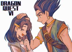 Rule 34 | 1boy, 1girl, armlet, asymmetrical sleeves, belt buckle, blue eyes, blue hair, blue tunic, buckle, closed mouth, commentary request, copyright name, dragon quest, dragon quest vi, earrings, fingerless gloves, from side, gloves, hair ornament, hand on another&#039;s head, headpat, height difference, hero (dq6), highres, hoop earrings, jewelry, light blush, medium hair, mouyi, neck ring, open mouth, shirt, shoulder belt, siblings, signature, simple background, smile, spiked hair, tania (dq6), upper body, white shirt