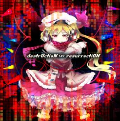 Rule 34 | 1girl, album cover, blonde hair, blush, cable, checkered clothes, checkered scarf, coat, cover, crossed arms, dress, flandre scarlet, hat, headphones, petticoat, red eyes, scarf, side ponytail, sinzan, smile, touhou, wings