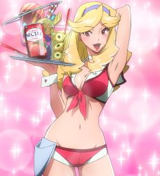Rule 34 | 10s, 1girl, arm up, armpits, bikini, blonde hair, boobies uniform, breasts, cameltoe, choker, cleavage, drink, female focus, front-tie bikini top, front-tie top, groin, hairband, highres, holster, honey (space dandy), looking at viewer, navel, open mouth, orange eyes, screencap, short shorts, shorts, solo, space dandy, sparkle, swimsuit, tray, waitress, wrist cuffs