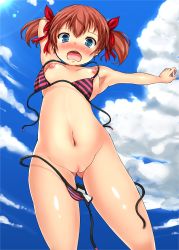 Rule 34 | 1girl, absurdres, arms up, bikini, blue eyes, blush, breasts, brown hair, cleft of venus, cloud, day, hair ribbon, highres, navel, nipples, nude, open mouth, original, pussy, ribbon, short hair, sky, small breasts, solo, striped bikini, striped clothes, sukesan, swimsuit, twintails, uncensored, wardrobe malfunction