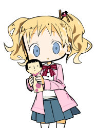 Rule 34 | 1girl, :o, alice cartelet, blonde hair, blue eyes, blue skirt, blush stickers, bow, bowtie, cardigan, cowboy shot, doll, hair ornament, hairpin, hands up, holding, holding doll, holding toy, kin-iro mosaic, kokeshi, long hair, long sleeves, looking at viewer, miniskirt, no nose, open cardigan, open clothes, parted lips, pink cardigan, pleated skirt, purple bow, purple bowtie, red bow, red bowtie, school uniform, shirt, shirt tucked in, short bangs, simple background, skirt, solo, striped bow, striped bowtie, striped clothes, tareme, thighhighs, toy, wavy hair, white background, white shirt, white thighhighs, yukihi, zettai ryouiki
