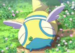 Rule 34 | animal focus, artist name, blurry, blurry background, cel shading, closed eyes, closed mouth, clover, commentary request, creatures (company), day, depth of field, dunsparce, flower, four-leaf clover, full body, game freak, gen 2 pokemon, grass, holding, holding clover, looking at viewer, lying, mouth hold, nintendo, no humans, official style, oooise, outdoors, pink flower, plant, pokemon, pokemon (creature), shamrock, signature, smile, solo, white flower