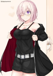 Rule 34 | 2girls, ^^^, artoria pendragon (all), artoria pendragon (fate), bad id, bad pixiv id, bare shoulders, belt, belt buckle, black-framed eyewear, black jacket, black shorts, blonde hair, blush, breasts, buckle, chibi, cleavage, closed mouth, collarbone, commentary request, cosplay, cowboy shot, fate/grand order, fate (series), female focus, glasses, hair over one eye, indoors, jacket, jitome, long sleeves, looking afar, looking away, mash kyrielight, medium breasts, multiple girls, official alternate costume, open clothes, open jacket, orange eyes, peeking out, pink hair, purple eyes, saber (fate), saber alter, saber alter (cosplay), saber alter (ver. shinjuku 1999) (fate), shirt, short hair, shorts, smile, solo focus, standing, tank top, tareme, tasora, twitter username, undressing