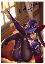 Rule 34 | 1girl, :o, absurdres, artist name, ass, black hair, black pantyhose, blue hat, blue leotard, breasts, choker, cleavage, couch, curtains, feet, fur trim, genshin impact, gloves, green eyes, hair ornament, hand on headwear, hat, hat ornament, high heels, highres, indoors, legs, legs up, leotard, linreplica, long sleeves, looking at viewer, mona (genshin impact), on couch, pantyhose, purple hair, shoe soles, shoes, single shoe, solo, star (symbol), star hair ornament, star hat ornament, toe scrunch, toes, twintails, window, witch hat
