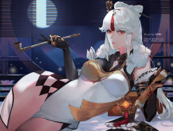 Rule 34 | 1girl, black gloves, breasts, commentary, detached sleeves, dress, english commentary, full moon, genshin impact, gloves, halterneck, highres, instagram username, large breasts, lips, long hair, looking at viewer, lying, moon, night, night sky, ningguang (genshin impact), on side, red eyes, round window, shei99, sky, smoking, smoking pipe, solo, twitter username, vision (genshin impact), white dress, white hair, window