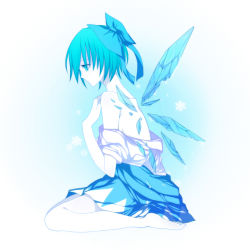 Rule 34 | 1girl, aged up, aqua eyes, aqua hair, bad id, bad pixiv id, barefoot, blue hair, cirno, dress, embodiment of scarlet devil, female focus, full body, gradient background, harano, off shoulder, partially colored, profile, ribbon, short hair, sitting, solo, touhou, wariza, white background, wings