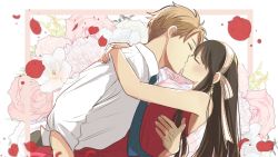 Rule 34 | 1boy, 1girl, arms around neck, artist name, artist request, black hair, blonde hair, blue necktie, blush, collared shirt, commentary, couple, dress, earrings, closed eyes, falling petals, fingernails, floral background, hairband, highres, jewelry, kiss, long hair, long sleeves, nail polish, necktie, petals, red dress, red nails, shirt, sidelocks, spy x family, strapless, strapless dress, third-party source, twilight (spy x family), white hairband, white shirt, wing collar, yor briar
