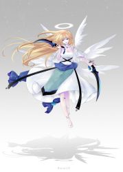 Rule 34 | 1girl, angel wings, blonde hair, blue eyes, breasts, cleavage, dagger, dual wielding, eyes visible through hair, frills, gradient background, halo, highres, holding, holding dagger, holding knife, holding weapon, ioiori18, knife, long hair, lower teeth only, multiple wings, open mouth, original, smile, solo, teeth, tongue, twitter username, weapon, wings