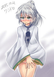 Rule 34 | 1girl, blush, bottomless, dated, embarrassed, grey eyes, japanese clothes, kariginu, mononobe no futo, one-hour drawing challenge, ponytail, solo, touhou, umarutsufuri, wavy mouth, white hair, wide sleeves