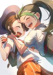 Rule 34 | 2girls, :d, backpack, bag, blush, braid, brown hair, closed eyes, commentary request, creatures (company), eyelashes, freckles, game freak, green hair, happy, hat, highres, holding, holding poke ball, juliana (pokemon), korokoro nekoz, long hair, multicolored hair, multiple girls, necktie, nemona (pokemon), nintendo, open mouth, orange necktie, orange shorts, poke ball, poke ball (basic), pokemon, pokemon sv, ponytail, shirt, short sleeves, shorts, smile, teeth, tongue, two-tone hair, upper teeth only