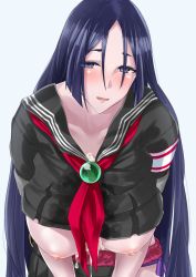 Rule 34 | 1girl, after paizuri, armband, bead, black sailor collar, black serafuku, black shirt, black skirt, blush, breasts, clothes lift, collarbone, commentary request, cum, cum on body, cum on breasts, cum on upper body, cumdrip, fate/grand order, fate (series), gachou, hair between eyes, hanging breasts, huge breasts, leaning forward, long hair, looking at viewer, minamoto no raikou (fate), minamoto no raikou (fate/grand order), minamoto no raikou (swimsuit lancer) (fate), minamoto no raikou (swimsuit lancer) (second ascension) (fate), neckerchief, nipples, no bra, open mouth, parted bangs, pleated skirt, purple eyes, purple hair, red neckerchief, rope, sailor collar, sailor shirt, school uniform, serafuku, shirt, shirt lift, simple background, skirt, smile, solo, very long hair