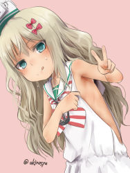 Rule 34 | 1girl, akino shuu, blonde hair, blush, bow, commentary request, dress, grecale (kancolle), green eyes, hair bow, kantai collection, long hair, neckerchief, pink background, pink bow, sailor collar, sailor dress, simple background, sleeveless, sleeveless dress, smile, solo, tongue, tongue out, twitter username, v, white dress, white sailor collar