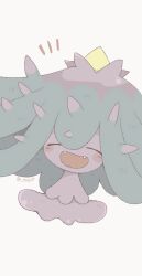 Rule 34 | animal focus, blush stickers, closed eyes, colored skin, creatures (company), fangs, game freak, gen 7 pokemon, grey background, happy, highres, mareanie, nintendo, no humans, notice lines, open mouth, ovoip, pokemon, pokemon (creature), purple skin, simple background, solo, spikes, twitter username