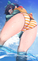 Rule 34 | 1girl, aqua eyes, ass, bad id, bad twitter id, bent over, bikini, blush, brown hair, cameltoe, day, from behind, fumihiko (fu mihi ko), highres, hololive, hood, hoodie, looking at viewer, looking back, ocean, oozora subaru, oozora subaru (hololive summer 2019), open mouth, outdoors, shiny skin, short hair, solo, standing, striped bikini, striped clothes, swimsuit, virtual youtuber, water, wet