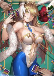 Rule 34 | 1girl, alcohol, animal ears, artoria pendragon (all), artoria pendragon (fate), artoria pendragon (swimsuit ruler) (fate), bare shoulders, blonde hair, blue neckwear, blue pantyhose, blush, bottle, braid, breasts, card, cleavage, clothing cutout, deras, detached collar, dice, fake animal ears, fate/grand order, fate (series), feather boa, french braid, green eyes, hair between eyes, highleg, highleg leotard, highres, large breasts, leotard, long hair, looking at viewer, lying, nail polish, navel cutout, necktie, on back, pantyhose, parted lips, playboy bunny, playing card, poker chip, ponytail, rabbit ears, sideless outfit, sidelocks, tiara, white leotard, wine, wine bottle, wrist cuffs