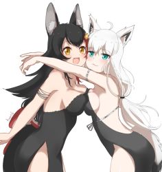 Rule 34 | 2girls, animal ear fluff, animal ears, anyacchi, backless dress, backless outfit, bare back, bare shoulders, black hair, braid, breast press, dress, fox ears, fox girl, highres, hololive, long hair, looking at viewer, multicolored hair, multiple girls, ookami mio, red hair, shirakami fubuki, streaked hair, symmetrical docking, tail, virtual youtuber, white hair, wolf ears, wolf girl, wolf tail