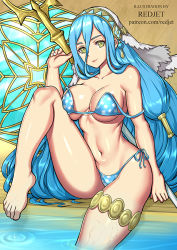 Rule 34 | 1girl, azura (fire emblem), barefoot, bikini, blue hair, breasts, cleavage, fire emblem, hair between eyes, hairband, holding, holding lance, holding polearm, holding weapon, jewelry, lance, long hair, looking at viewer, navel, nintendo, polearm, redjet, smile, solo, swimsuit, very long hair, weapon, yellow eyes