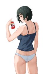 Rule 34 | 1girl, absurdres, ass, back, bare arms, bare shoulders, beer can, blue eyes, blue shirt, breasts, butt crack, can, chainsaw man, closed mouth, cowboy shot, dark green hair, dimples of venus, drink can, eyepatch, highres, himeno (chainsaw man), holding, holding can, light blush, looking back, medium breasts, mishislover, panties, profile, shirt, short hair, simple background, solo, spaghetti strap, standing, thighs, underwear, white background, white panties