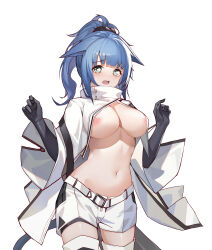 1girl absurdres areola_slip arknights black_gloves blue_hair breasts chinese_commentary commentary_request cosplay cowboy_shot crying floppy_ears gloves green_eyes hands_up highres jacket jessica_(arknights) large_breasts long_hair looking_at_viewer open_mouth platinum_(arknights) platinum_(arknights)_(cosplay) shorts simple_background solo white_background white_jacket white_shorts ye_yu_(pixiv_17156650)