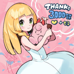 Rule 34 | 1girl, blonde hair, blush, braid, character doll, clefairy, closed mouth, creatures (company), doll, dress, eyelashes, game freak, gen 1 pokemon, green eyes, heart, highres, holding, holding doll, kinocopro, lillie (pokemon), long hair, looking at viewer, milestone celebration, nintendo, pink background, pokemon, pokemon sm, sleeveless, sleeveless dress, smile, solo, thank you, white dress