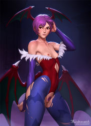 Rule 34 | 1girl, animal print, artist name, bare shoulders, bat print, blue pantyhose, breasts, bridal gauntlets, capcom, cleft of venus, collarbone, colored pubic hair, commentary, demon wings, elbow gloves, english commentary, female pubic hair, gloves, hand in own hair, head wings, highres, leotard, lilith aensland, low wings, nipples, pantyhose, print pantyhose, pubic hair, purple gloves, purple hair, purple pubic hair, pussy, red eyes, red leotard, short hair, small breasts, solo, tarakanovich, torn clothes, torn gloves, torn leotard, torn pantyhose, uncensored, vampire (game), wings