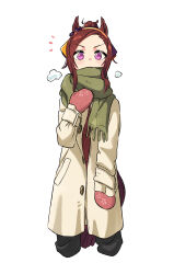 Rule 34 | 1girl, absurdres, animal ears, appleq, black pants, brown coat, brown hair, coat, commentary request, cropped legs, forehead, fringe trim, green scarf, highres, horse ears, horse girl, horse tail, long hair, long sleeves, mittens, notice lines, pants, pink mittens, ponytail, purple eyes, sakura bakushin o (umamusume), scarf, sidelocks, simple background, sleeves past wrists, solo, tail, umamusume, v-shaped eyebrows, white background