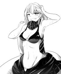 Rule 34 | 10s, 1girl, absurdres, abyssal ship, bikini, bikini top only, breasts, greyscale, grin, highres, kantai collection, large breasts, monochrome, navel, o-ring, o-ring top, pale skin, re-class battleship, scarf, short hair, smile, solo, swimsuit, tail, wangphing, white hair