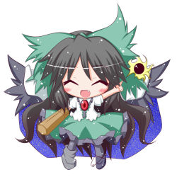 Rule 34 | 1girl, :d, ^ ^, arm cannon, black sun, blush, cape, chibi, closed eyes, closed eyes, fang, female focus, komakoma (magicaltale), long hair, open mouth, pointing, reiuji utsuho, smile, solo, sun, touhou, weapon, wings