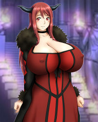 Rule 34 | 10s, 1girl, blush, breasts, cleavage, dress, covered erect nipples, highres, horns, huge breasts, inomaru, long hair, looking at viewer, maou (maoyuu), maoyuu maou yuusha, red eyes, red hair, single horn, smile, solo, stairs, standing, statue