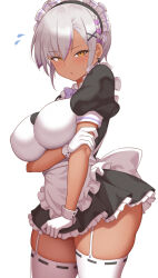 Rule 34 | 1girl, alternate costume, apron, blush, bow, bowtie, braid, breasts, commentary request, dark-skinned female, dark skin, fina (yasojima nejiro), frills, from side, garter straps, gloves, hair ornament, hairclip, highres, large breasts, looking at viewer, maid, maid headdress, mole, mole under eye, original, parted lips, purple bow, purple bowtie, purple hair, short sleeves, simple background, solo, tan, thighhighs, thighs, white apron, white background, white garter straps, white gloves, white thighhighs, yasojima nejiro, yellow eyes