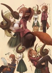 Rule 34 | 159cm, 2girls, ahoge, animal ears, ass, asymmetrical horns, bag, black pants, blush, boots, breast press, breasts, brown footwear, brown hair, brushing another&#039;s hair, brushing hair, buttons, carrying, closed mouth, curled horns, double-breasted, earrings, glan (159cm), green ribbon, green skirt, grocery bag, hair between eyes, high-waist skirt, highres, holding, holding bag, horns, huge horns, jacket, jewelry, large breasts, long sleeves, multiple girls, neck ribbon, original, pants, ponytail, princess carry, red jacket, ribbon, shirt, shopping bag, simple background, skirt, smile, tail, translation request, white shirt, wine-chan (159cm), wolf ears, wolf tail, yellow background, yuri