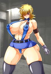 Rule 34 | 1girl, blonde hair, breasts, cameltoe, covered erect nipples, curvy, hair over one eye, hellsing, highres, huge breasts, looking at viewer, panties, red eyes, seras victoria, short hair, solo, standing, thick thighs, thighhighs, thighs, underwear, wide hips, wrato