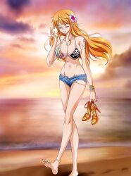 Rule 34 | 1girl, anklet, barefoot, beach, bikini, bikini top only, bracelet, breasts, closed eyes, female focus, flower, flower on head, full body, highres, jewelry, large breasts, log pose, long hair, nami (one piece), navel, necklace, one piece, orange hair, rider (orange couture), seashell, shell, shorts, solo, source request, swimsuit, tattoo