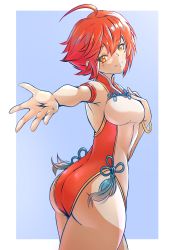 Rule 34 | 1girl, ahoge, ass, bare arms, bare legs, blue background, breasts, deekei, female focus, fire emblem, fire emblem fates, gluteal fold, hand on breast, happy, highres, hinoka (fire emblem), hip focus, legs, looking at viewer, looking back, medium breasts, nintendo, one-piece swimsuit, orange eyes, reaching, reaching towards viewer, red hair, red one-piece swimsuit, short hair, simple background, smile, solo, standing, swimsuit, tassel, thick thighs, thighs, tight clothes, tomboy, white one-piece swimsuit