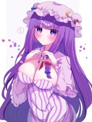 Rule 34 | 1girl, ?, blue bow, blue ribbon, blunt bangs, blush, bow, breasts, capelet, cleavage, closed mouth, commentary request, cowboy shot, crescent, crescent hat ornament, dress, hair bow, hat, hat ornament, hat ribbon, heart, heart hands, large breasts, long hair, long sleeves, mob cap, patchouli knowledge, purple eyes, purple hair, red bow, red ribbon, ribbon, simple background, siomi 403, solo, spoken question mark, striped clothes, striped dress, sweatdrop, touhou, very long hair, white background
