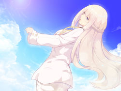 Rule 34 | 1girl, blue eyes, braid, breasts, cloud, day, french braid, from behind, grey hair, hair ornament, highres, jacket, large breasts, lexington (warship girls r), long hair, long sleeves, military, military uniform, open mouth, short shorts, shorts, sidelocks, sky, solo, uniform, very long hair, warship girls r, white jacket, white shorts, xiao shei..