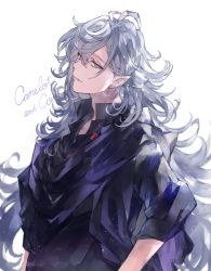 Rule 34 | 1boy, black shirt, collared shirt, earrings, english text, fate/grand order, fate (series), glint, grey eyes, grey hair, jewelry, long hair, male focus, merlin (camelot &amp; co) (fate), merlin (fate), pointy ears, popped collar, shirt, simple background, smile, solo, upper body, very long hair, waltz (tram), white background
