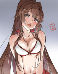 Rule 34 | 1girl, bikini, breasts, brown hair, cleavage, commentary request, dated, grey background, kantai collection, large breasts, long hair, looking at viewer, one-hour drawing challenge, open mouth, ponytail, red hair, red sarong, sarong, signature, solo, swimsuit, upper body, usami (50-point caliper), white bikini, yamato (kancolle)