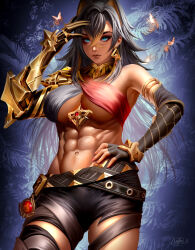 Rule 34 | 1girl, abs, absurdres, arm armor, arm up, armlet, asymmetrical clothes, belt, black belt, black gloves, black hair, blonde hair, blue eyes, breasts, bug, butterfly, cleavage, closed mouth, commentary, cowboy shot, criss-cross halter, crossed bangs, dangle earrings, dark-skinned female, dark skin, dehya (genshin impact), earrings, elbow gloves, fingerless gloves, gauntlets, gem, genshin impact, gloves, gold choker, gold trim, hair between eyes, hair ears, halterneck, hand on own hip, highres, insect, jewelry, large breasts, long hair, looking at viewer, multicolored hair, muscular, muscular female, naofaro, navel, obliques, pants, red gemstone, sidelocks, signature, single bare shoulder, single earring, single fingerless glove, single gauntlet, solo, standing, stomach, streaked hair, torn clothes, torn pants, two-tone hair, vision (genshin impact)