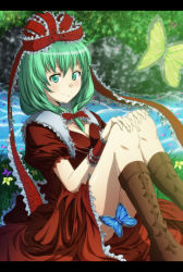 Rule 34 | 1girl, boots, bow, breasts, bug, butterfly, cleavage, dress, female focus, front ponytail, green eyes, green hair, hair bow, hair ribbon, hands on own knees, highres, bug, kagiyama hina, letterboxed, matching hair/eyes, ribbon, river, rock, sitting, smile, solo, touhou, wrist ribbon, wrr, wrwr