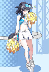 Rule 34 | 1girl, animal ears, bare arms, bare legs, bare shoulders, black hair, blue archive, blush, breasts, cheerleader, crop top, dog ears, dog tail, full body, goggles, goggles on head, hand up, heart, hibiki (blue archive), hibiki (cheer squad) (blue archive), highres, holding, holding pom poms, long hair, looking at viewer, midriff, millennium cheerleader outfit (blue archive), miniskirt, notice lines, parted lips, pom pom (cheerleading), pom poms, shoes, skirt, solo, standing, tail, tsukinami kousuke, white footwear, white skirt