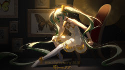 Rule 34 | 1girl, absurdres, bug, butterfly, copyright name, dress, from side, gold trim, hatsune miku, highres, insect, long hair, see-through, see-through dress, solo, tagme, thighhighs, very long hair, vocaloid, w-t, white thighhighs