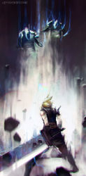 Rule 34 | 1990s (style), 1boy, absurdres, aura, blonde hair, cloud strife, crazy hand, epic, final fantasy, final fantasy vii, from behind, highres, huge weapon, jeff chen, master hand, nintendo, retro artstyle, spiked hair, square enix, super smash bros., sword, weapon