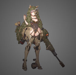 Rule 34 | 1girl, animal ears, anti-materiel rifle, armor, camouflage, commentary request, covered navel, explosive, fake animal ears, frown, full body, grenade, grey background, gun, highres, holding, holding grenade, holding gun, holding weapon, leotard, mecha musume, mixed-language commentary, original, red eyes, rifle, skindentation, sniper rifle, solo, stmast, thighhighs, weapon, white hair