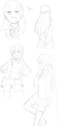 Rule 34 | 1girl, arms behind back, blazer, braid, commentary, crown braid, english commentary, greyscale, hair behind ear, hands on own hips, highres, jacket, leaning back, long hair, mir (miryumiya), monochrome, multiple views, nijisanji, school uniform, sketch, skirt, smile, smug, surprised, sweat, thighhighs, tsukino mito, tsukino mito (1st costume), virtual youtuber